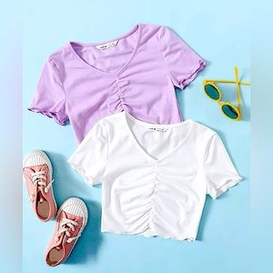 Girls 2 pack cropped V neck ruched tee